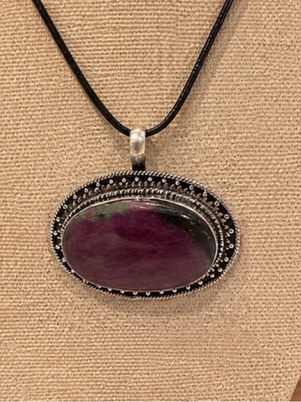 Navajo Sterling Set Natural Ruby in Zoisite Horizontal Cabochon Stone Pendant.